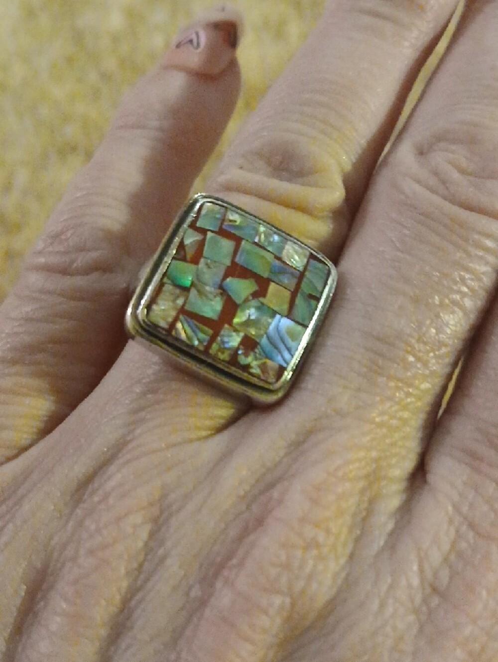 Square Abalone Mosaic Sterling Ring - Iridescent Green Mother Pearl 7